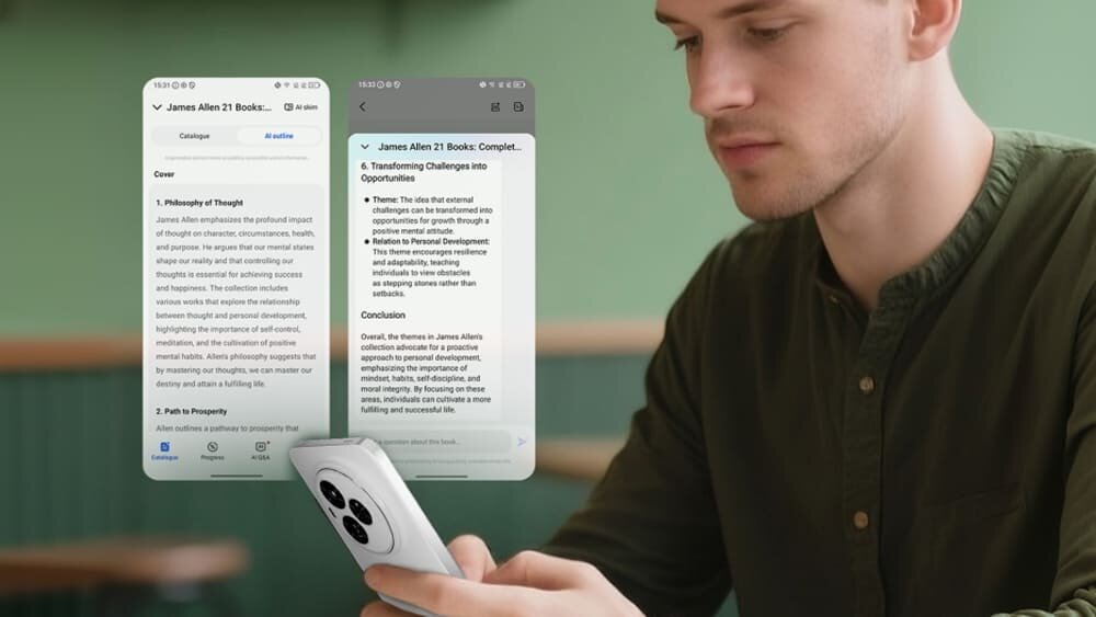 Mężczyzna ze smartfonem i widocznym na ekranie podsumowaniem książki wykonanym przez Artificial Intelligence
