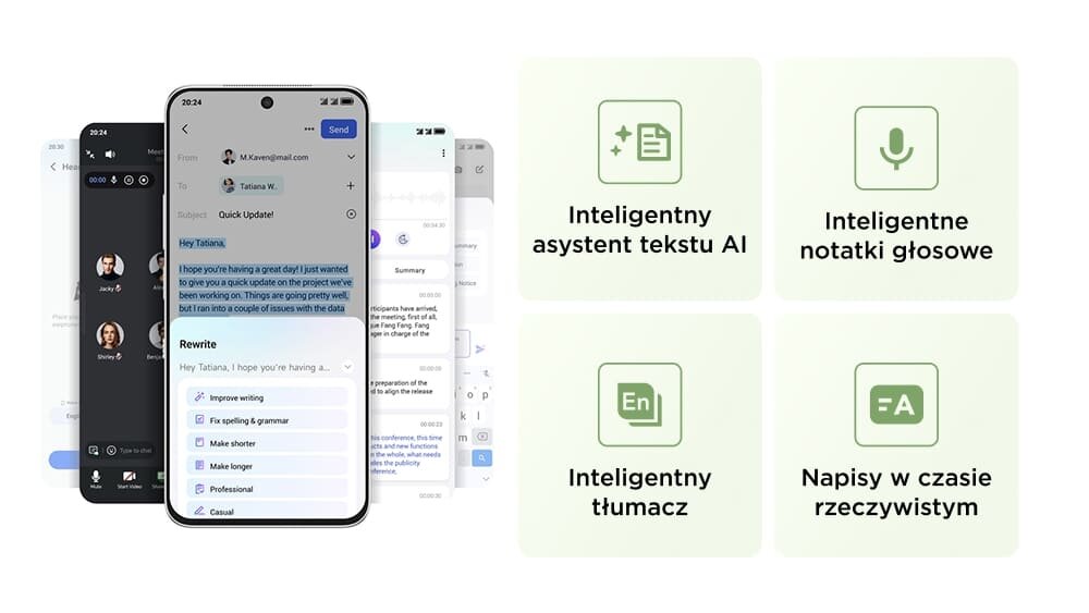 Cztery kafelki z funkcjami Artificial Intelligence: asystent tekstu, notatki głosowe, tłumacz oraz napisy w czasie rzeczywistym