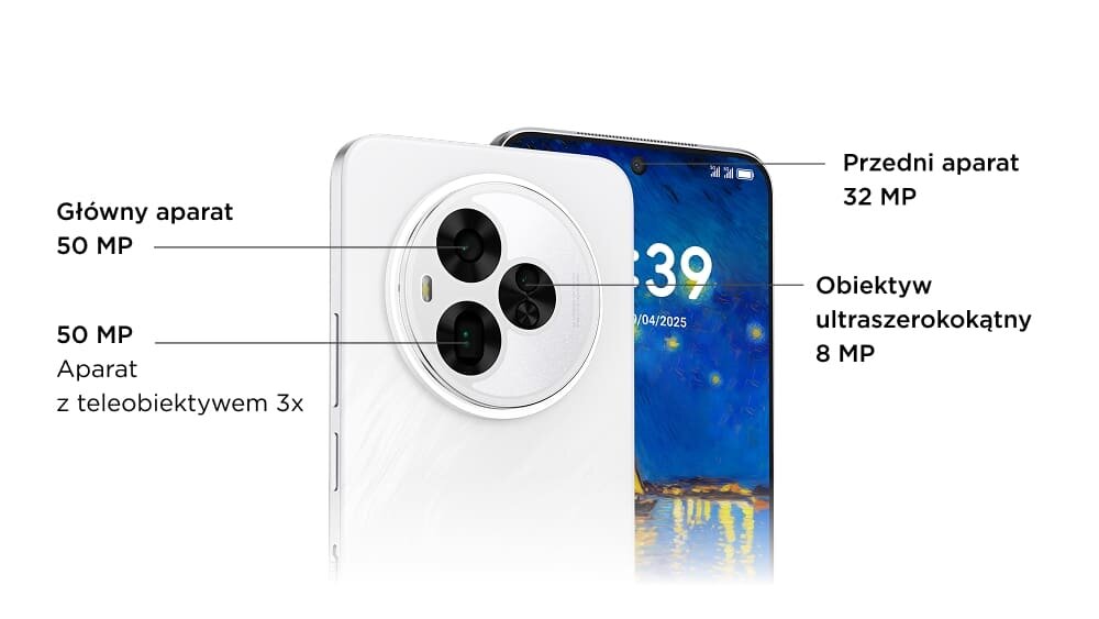 Smartfon TCL Nxtpaper 50 z obiektywem 50 MP, teleobiektywem 3x 50 MP, ultraszerokokątnym 8 MP i przednim 32 MP