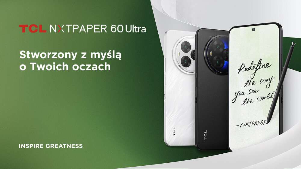 Grafika TCL NXTPAPER 60 Ultra: czarny i biały smartfon z okrągłą wyspą aparatów, rysik oraz matowy ekran jak z papieru
