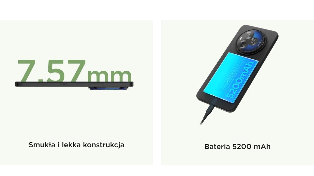 Dwa kafelki: bok smartfona o grubości 7.57 mm oraz podłączony do ładowania tył urządzenia z baterią 5200 mAh