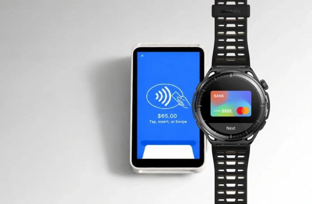 Obraz przedstawia smartwatch z wyświetlaczem pokazującym kartę płatniczą oraz urządzenie z ekranem dotykowym z niebieskim tłem i tekstem: \'.00 Tap, insert, or Swipe\'.