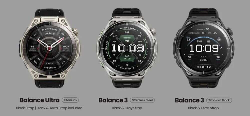 Obraz przedstawia trzy smartwatche z okrągłymi tarczami i różnymi paskami. Widoczne są modele: Balance Ultra, Balance 3 Stainless Steel i Balance 3 Titanium Black z opisami pasków oraz materiałów.