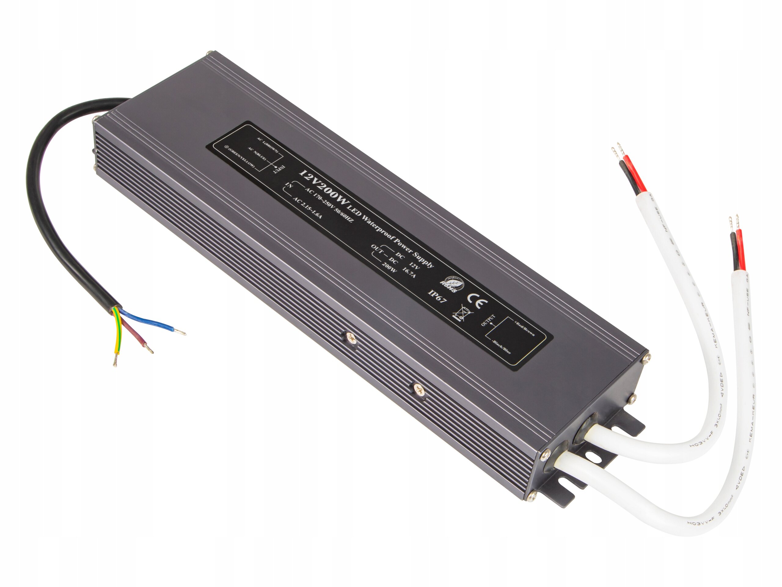 Prostokątny, szary zasilacz z widocznymi kablami i etykietą z napisem \'12V 200W LED Waterproof Power Supply\'.