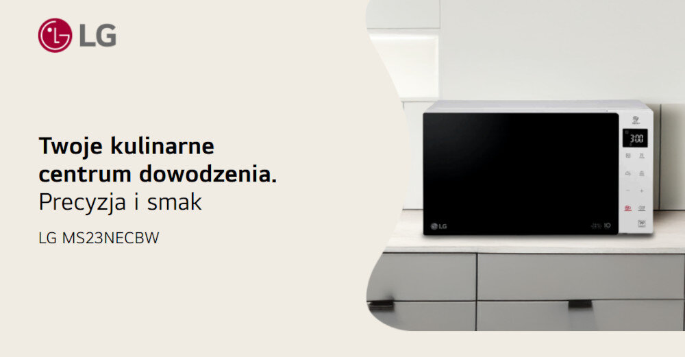 KUCHNIA MIKROFALOWA LG MS23NECBW Grafika promocyjna LG z hasłem „Twoje kulinarne centrum dowodzenia. Precyzja i smak” oraz zdjęciem eleganckiej, białej kuchenki mikrofalowej LG MS23NECBW ustawionej na blacie kuchni.
