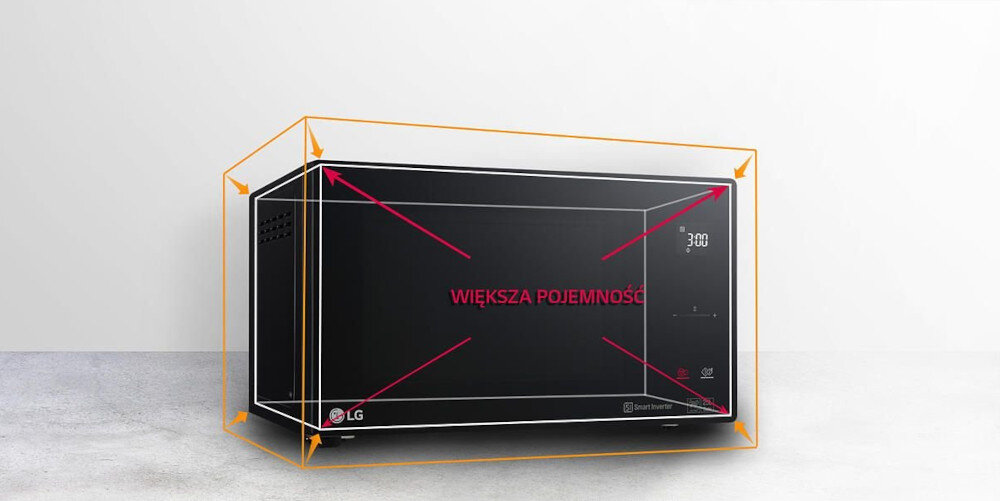 KUCHNIA MIKROFALOWA LG MS23NECBW Kuchenka mikrofalowa LG NeoChef ustawiona na blacie, otoczona zarysem większego prostopadłościanu i strzałkami skierowanymi do rogów, z napisem „WIĘKSZA POJEMNOŚĆ” w środku, co podkreśla bardziej pojemne wnętrze przy zachowaniu kompaktowych wymiarów zewnętrznych.