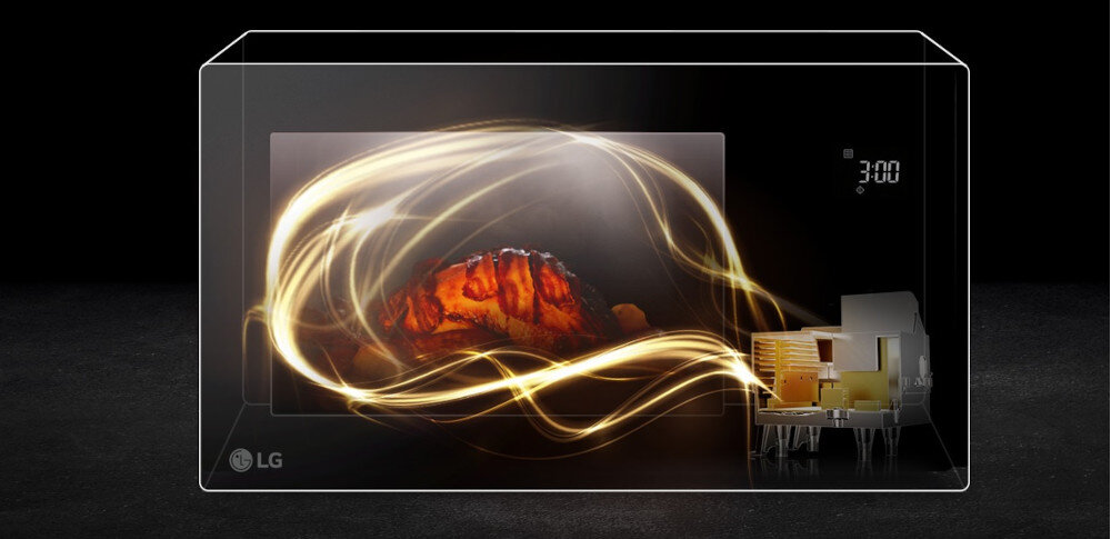 KUCHNIA MIKROFALOWA LG MS23NECBW Dynamiczna wizualizacja czarnej kuchenki mikrofalowej LG z efektownymi złotymi smugami światła wokół obudowy i zarysowanym modułem wewnętrznym symbolizuje technologię Smart Inverter oraz równomierne, precyzyjne podgrzewanie potraw.