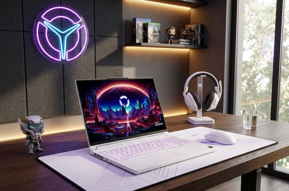 Na biurku znajduje się laptop z wyświetlonym kolorowym motywem graficznym, obok myszka i słuchawki na stojaku. Na ścianie widoczne jest neonowe logo w kształcie litery Y.