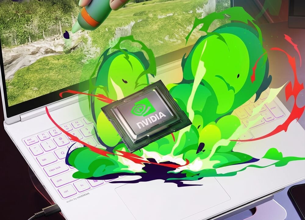 Na obrazie widoczny jest laptop z kolorową grafiką przedstawiającą zielone i czerwone plamy oraz chip z logo NVIDIA. W tle na ekranie laptopa znajduje się krajobraz z trawą i drzewami.