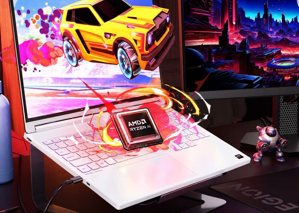Na obrazie widoczny jest biały laptop z kolorowym ekranem, na którym wyświetlany jest żółty samochód. Na klawiaturze laptopa znajduje się procesor z napisem \'AMD Ryzen AI\'.