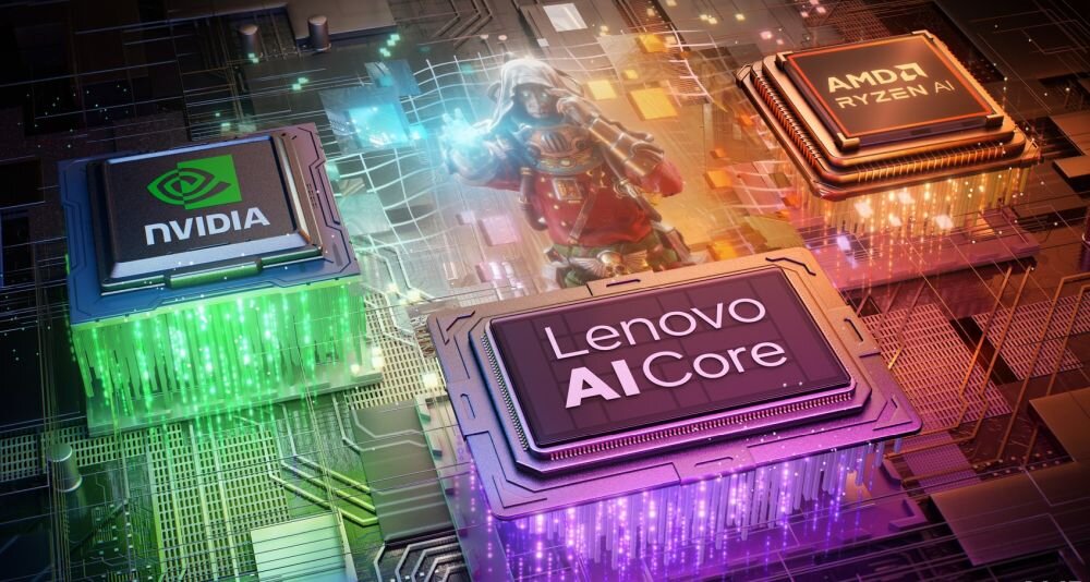 Obraz przedstawia trzy procesory z logo: NVIDIA, Lenovo AICore i AMD Ryzen AI, umieszczone na futurystycznej płycie głównej. W tle widoczna jest postać w zbroi.