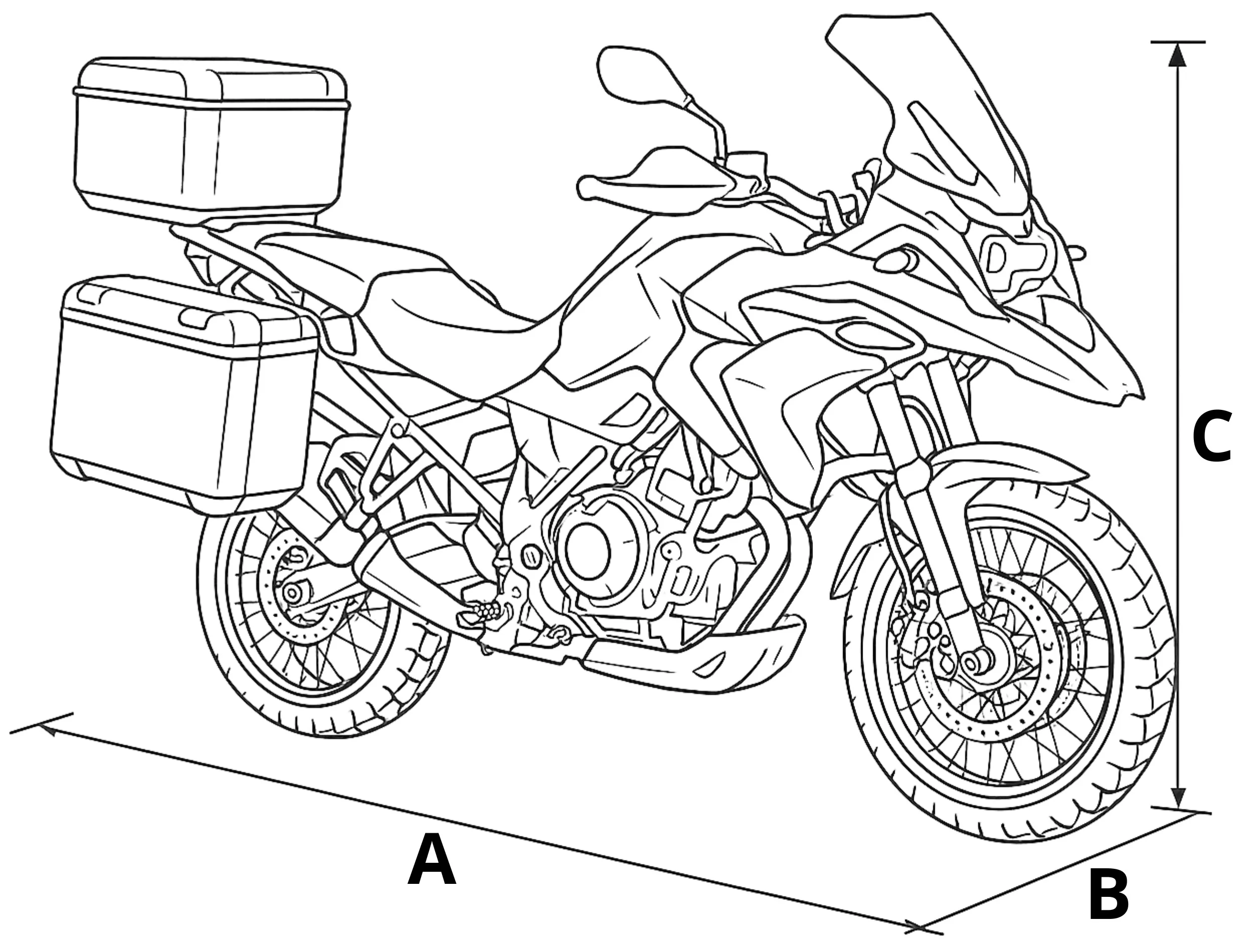 Ilustracja motocykla z kuframi, oznaczona literami A, B i C wskazującymi wymiary. Motocykl posiada przednią szybę i szczegółowo narysowane koła.