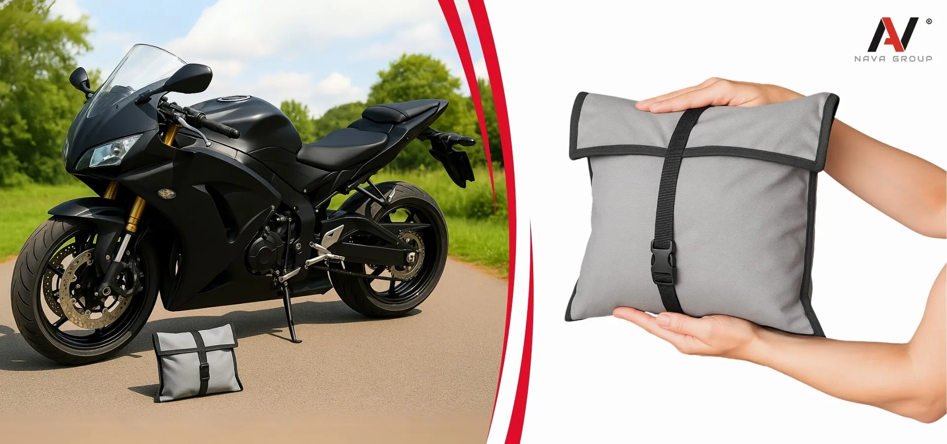 Obraz przedstawia czarny motocykl stojący na drodze oraz szary pokrowiec z czarnym paskiem leżący obok. Po prawej stronie widoczne są ręce trzymające złożony pokrowiec, a w górnym rogu znajduje się logo \'NAVA GROUP\'.