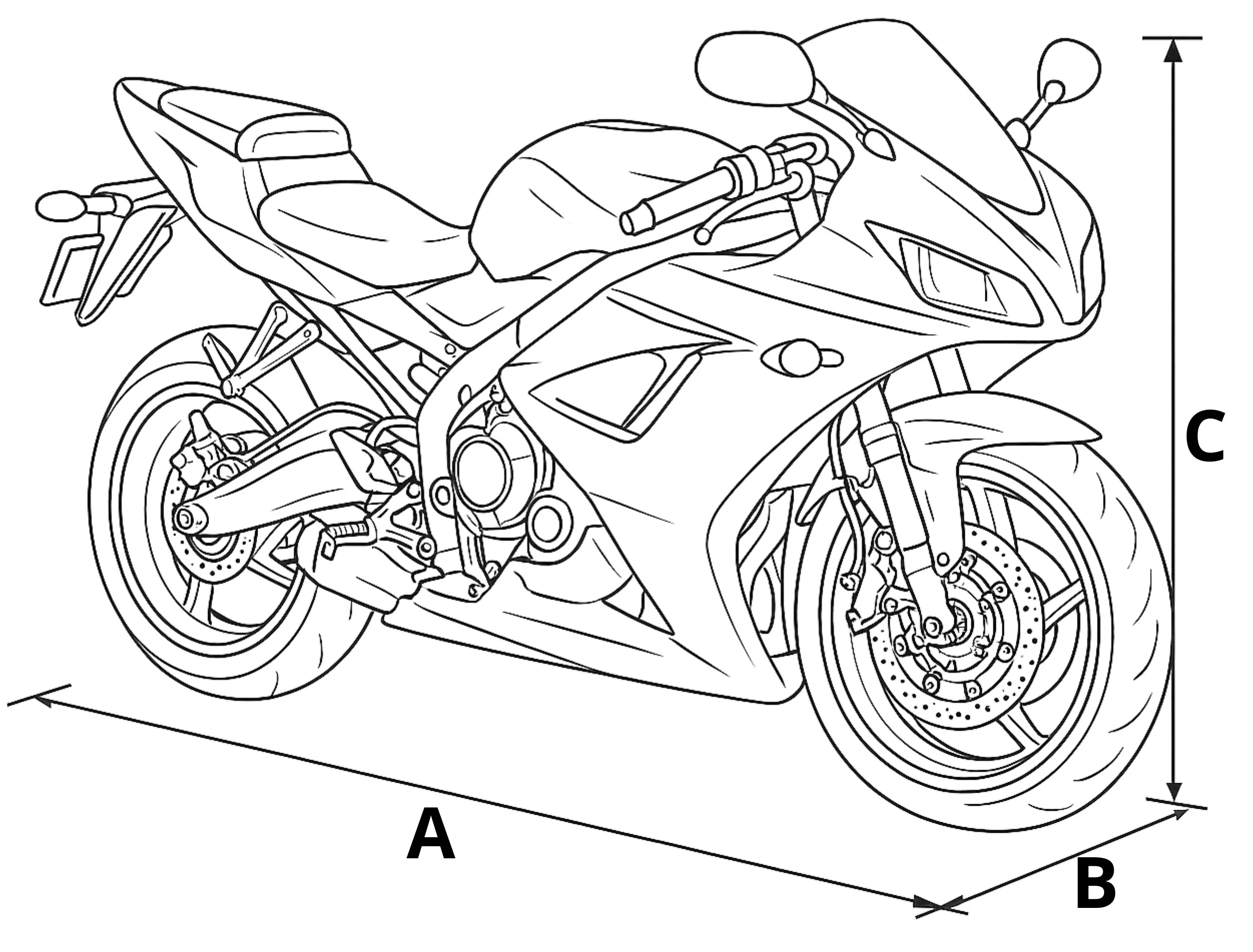 Ilustracja motocykla z oznaczeniami wymiarów A, B i C. Motocykl jest szczegółowo narysowany, ukazując elementy takie jak koła, kierownica i siedzenie.