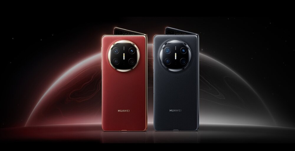 Dwa smartfony HUAWEI w kolorach czerwonym i czarnym, z widocznym logo HUAWEI na obudowie. W tle znajduje się rozmyty obraz planety.