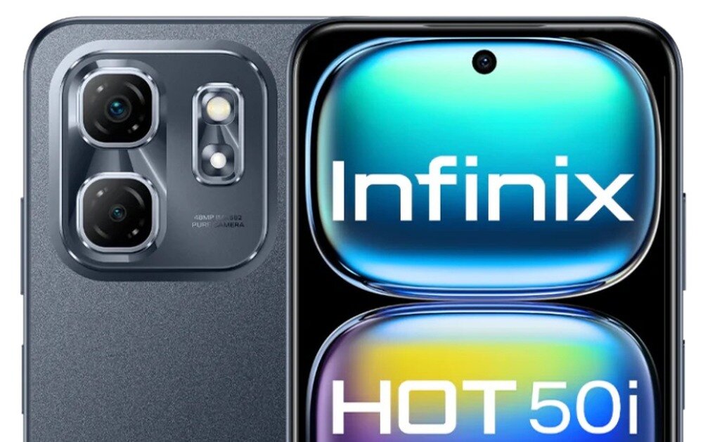 Obraz przedstawia smartfon z widocznym napisem \'Infinix HOT 50i\' na ekranie. Widać także moduł aparatu z dwoma obiektywami i lampą błyskową.
