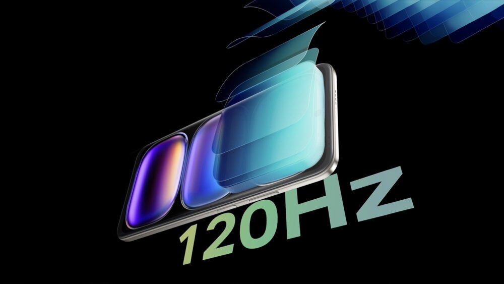 Obraz przedstawia smartfon z wyświetlaczem, nad którym unoszą się przezroczyste warstwy. Na dole widoczny jest napis \'120Hz\'.
