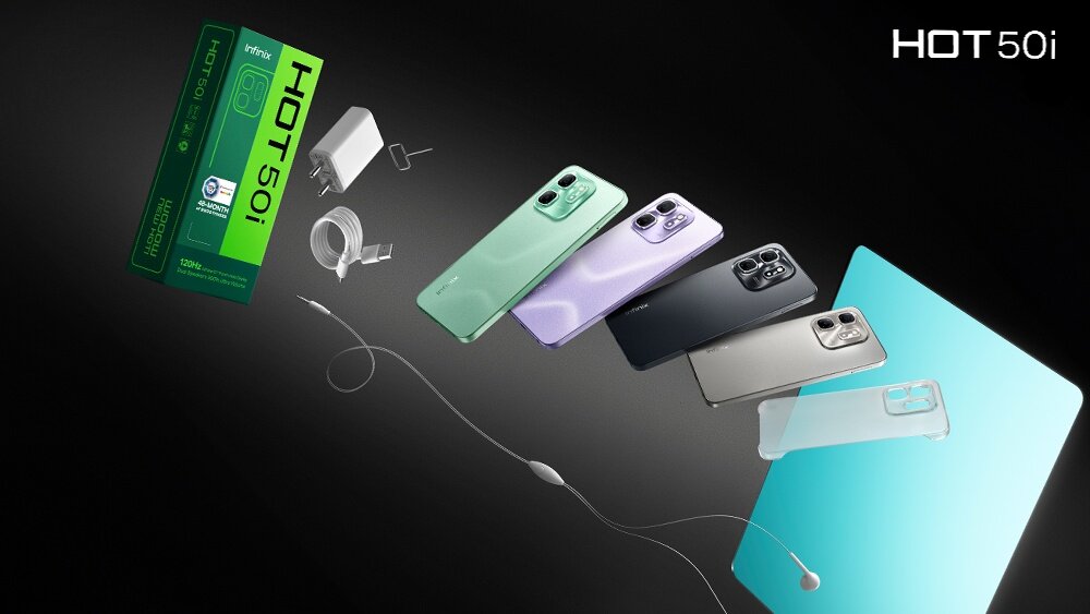 Na obrazie widoczny jest zestaw smartfona z akcesoriami, w tym pudełko, ładowarka, kabel oraz kilka modeli telefonu w różnych kolorach. W prawym górnym rogu znajduje się napis \'HOT 50i\'.