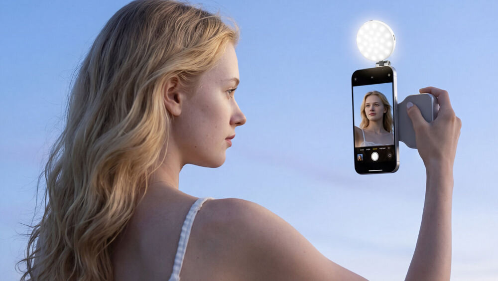 Osoba trzyma telefon z zamontowaną lampą doświetlającą, robiąc selfie na tle nieba. Telefon jest umieszczony w białym uchwycie z gripem fotograficznym.