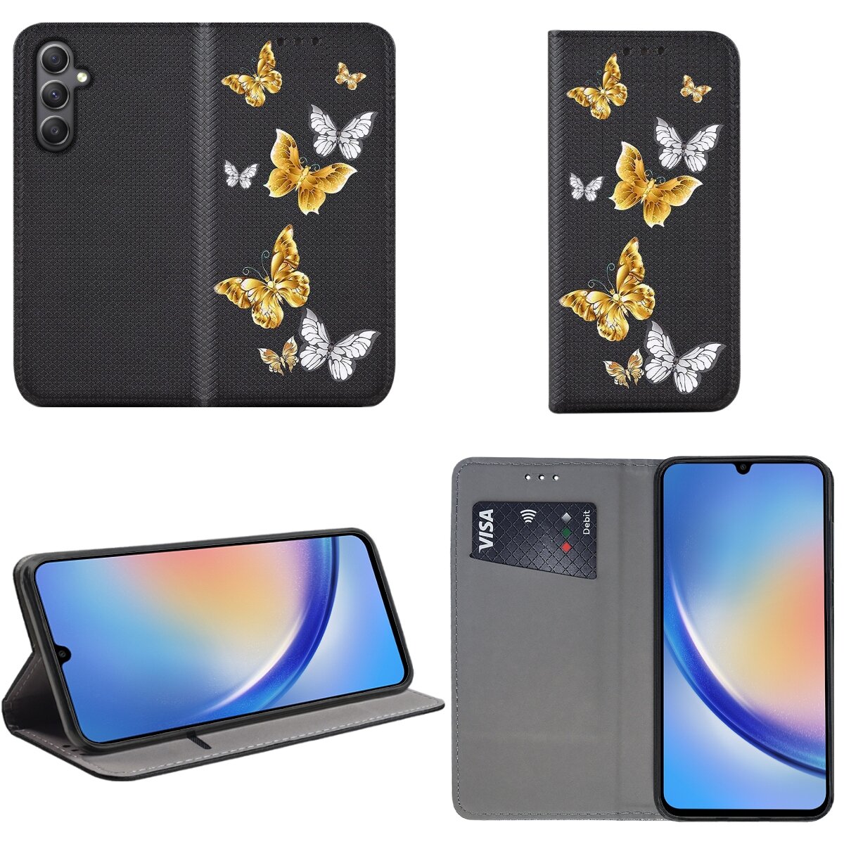 Etui na telefon z motywem motyli w kolorach złotym i białym, z funkcją stojaka i miejscem na kartę. Wewnątrz znajduje się telefon z wyświetlaczem oraz karta z napisem \'VISA Debit\'.