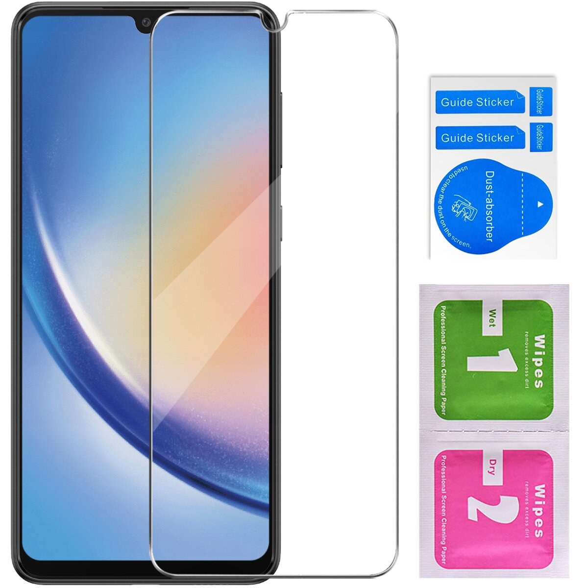 Na obrazie widoczny jest telefon z nałożonym szkłem ochronnym oraz zestaw akcesoriów do montażu, w tym naklejki \'Guide Sticker\', \'Dust-absorber\' oraz chusteczki \'Wet 1\' i \'Dry 2\'.