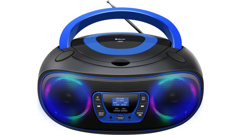 Radioodtwarzacz w kolorze niebieskim z wyświetlaczem LCD i dwoma głośnikami. Na wyświetlaczu widoczny jest tekst: \'00:00:00 DISC CD-DA CD\'.