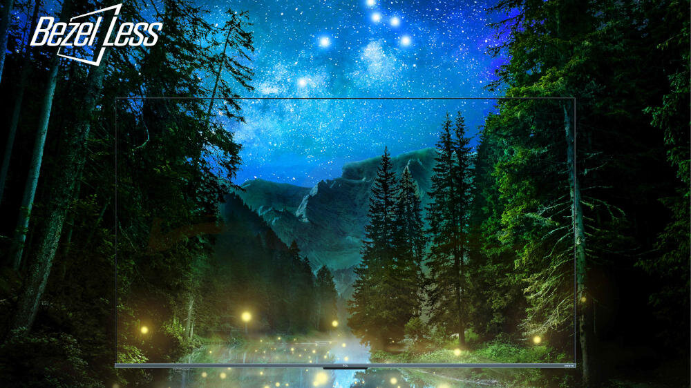 Obraz przedstawia nocny krajobraz z gwiaździstym niebem nad lasem i rzeką, z napisem \'Bezel Less\' w rogu. W tle widać góry, a na wodzie odbijają się światła.
