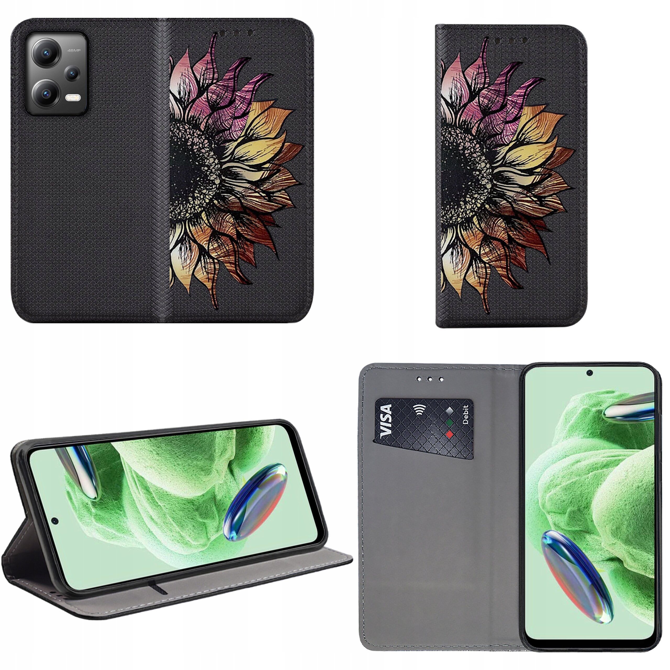 Etui na telefon z motywem kolorowego kwiatu na czarnym tle, posiada funkcję stojaka i miejsce na kartę płatniczą. Wewnątrz widoczny jest telefon z zielonym motywem na ekranie.