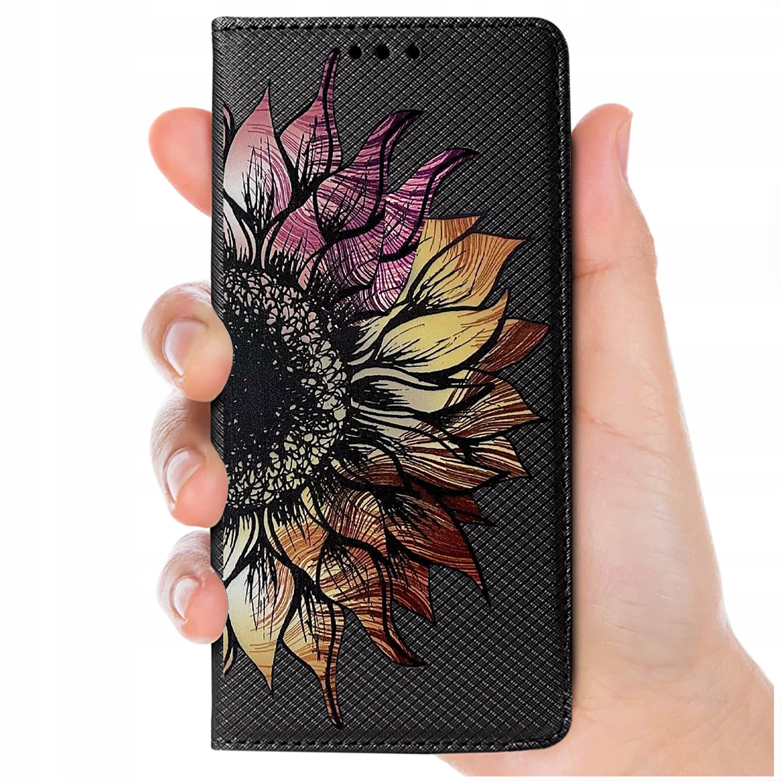 Etui do telefonu z wzorem dużego, kolorowego kwiatu na czarnym tle, trzymane w dłoni. Etui ma teksturę przypominającą skórę i otwory na głośnik.