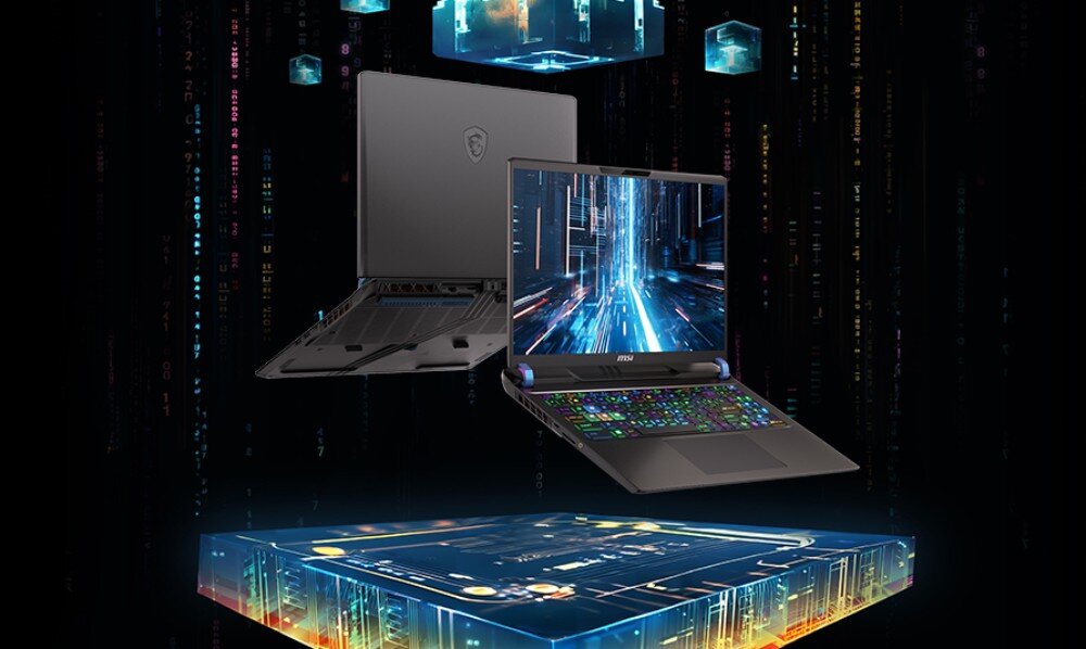 Obraz przedstawia dwa laptopy z logo MSI, jeden otwarty z widocznym ekranem i klawiaturą, drugi zamknięty. W tle widoczne są abstrakcyjne, cyfrowe elementy graficzne.