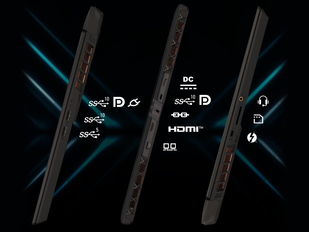 Obraz przedstawia trzy profile laptopa z widocznymi portami i złączami. Obok znajdują się ikony i oznaczenia: SS 10, SS 5, DP, DC, HDMI, oraz symbol słuchawek i błyskawicy.