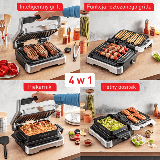Obraz przedstawia grill elektryczny z czterema różnymi funkcjami: inteligentny grill, funkcja rozłożonego grilla, piekarnik i pełny posiłek. Na każdej z czterech części obrazu widoczne są różne potrawy przygotowywane na grillu, a w centrum znajduje się napis \'4 w 1\'.