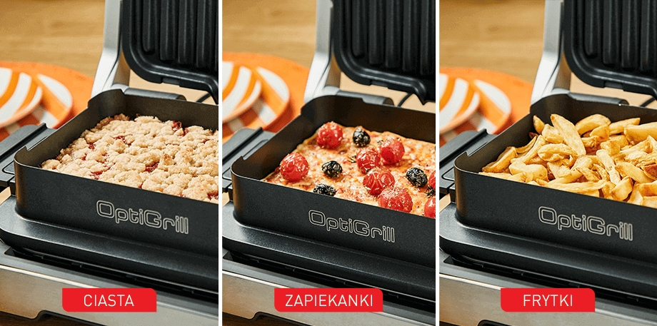 Trzy zdjęcia przedstawiają grill elektryczny z różnymi potrawami: ciasto, zapiekanka z pomidorami i oliwkami oraz frytki. Na każdym zdjęciu widoczny jest napis \'OptiGrill\' oraz etykiety: \'CIASTA\', \'ZAPIEKANKI\', \'FRYTKI\'.