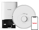 Na obrazie widoczny jest biały robot sprzątający z logo \'Tefal\' oraz stacja dokująca. Obok znajduje się smartfon z wyświetlonym logo \'Tefal\'.