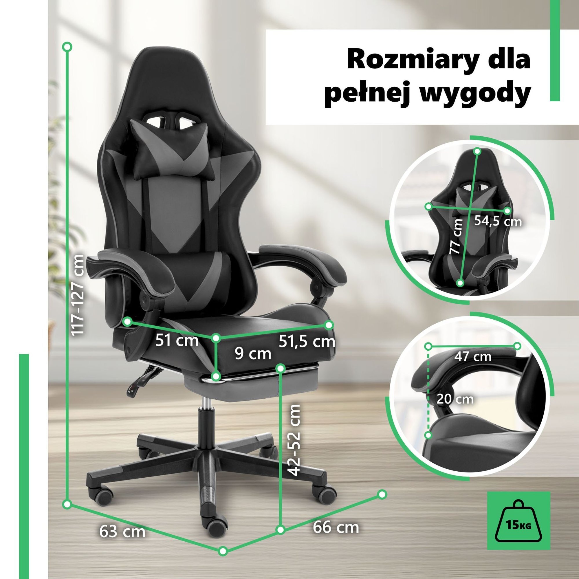 Obraz przedstawia szary fotel gamingowy z poduszkami, z zaznaczonymi wymiarami: wysokość 117-127 cm, szerokość siedziska 51,5 cm, głębokość siedziska 51 cm, wysokość oparcia 77 cm, szerokość oparcia 54,5 cm, szerokość podłokietników 47 cm, wysokość podłokietników 20 cm, wysokość siedziska 42-52 cm, szerokość podstawy 66 cm, głębokość podstawy 63 cm. Na obrazie widnieje tekst \'Rozmiary dla pełnej wygody\' oraz ikona z wagą 15 kg.