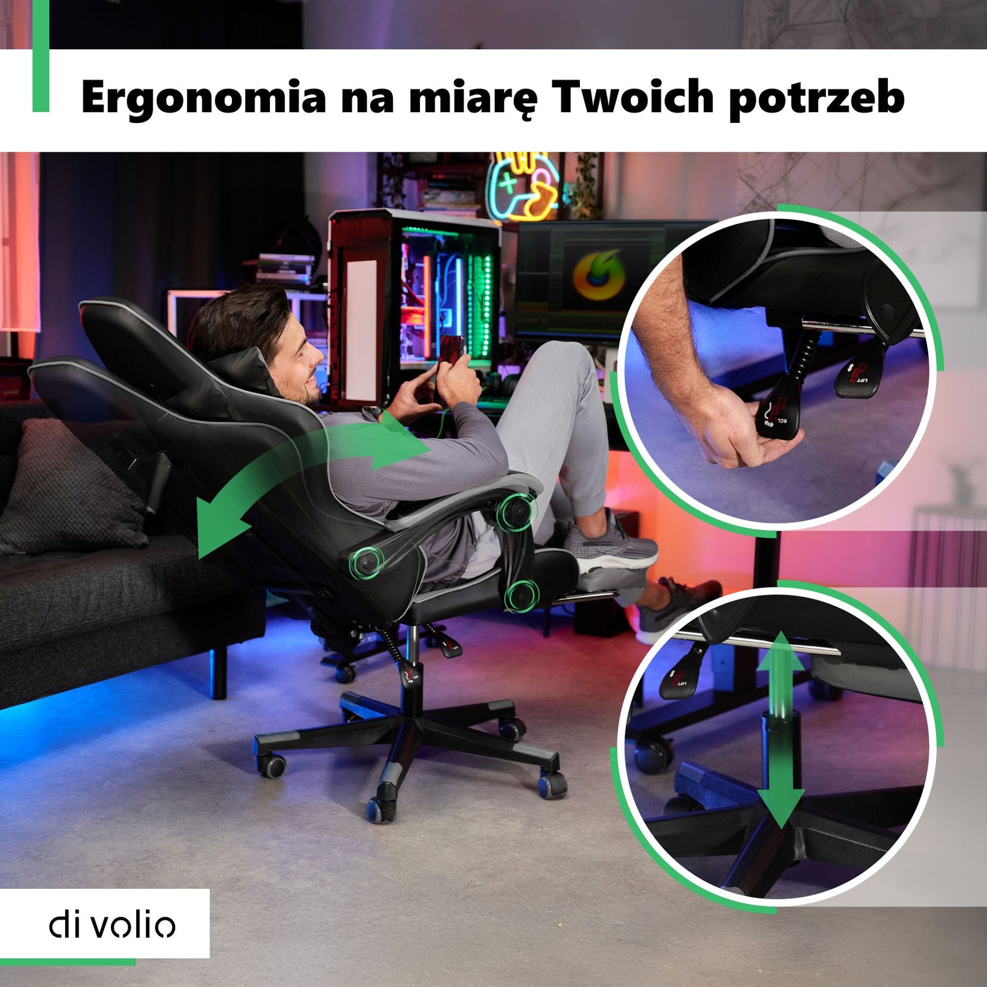 Osoba siedzi na szarym fotelu gamingowym w pozycji odchylonej, trzymając kontroler do gier. Na obrazie widoczne są także zbliżenia na mechanizmy regulacji fotela oraz tekst: \'Ergonomia na miarę Twoich potrzeb\'.