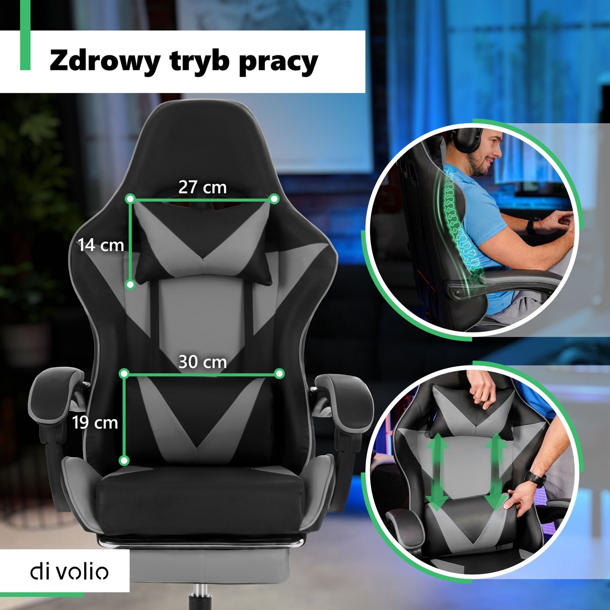 Obraz przedstawia szary fotel gamingowy z wymiarami podanymi na oparciu: 27 cm, 14 cm, 30 cm, 19 cm. Widoczny jest napis \'Zdrowy tryb pracy\' oraz logo \'di volio\'.