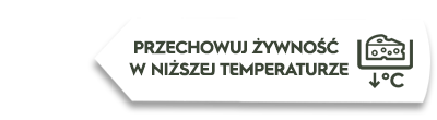 Grafika przedstawia biały prostokąt z tekstem \'PRZECHOWUJ ŻYWNOŚĆ W NIŻSZEJ TEMPERATURZE\' oraz ikoną sera i strzałką w dół z symbolem stopnia Celsjusza.