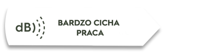 Obraz przedstawia biały symbol z napisem \'dB\' oraz tekst \'BARDZO CICHA PRACA\'.