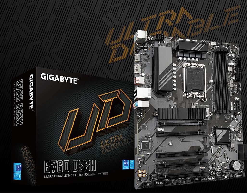 Obraz przedstawia pudełko i płytę główną GIGABYTE B760 DS3H. Na pudełku widoczne są napisy: \'GIGABYTE\', \'UD\', \'ULTRA DURABLE\', \'B760 DS3H\'.