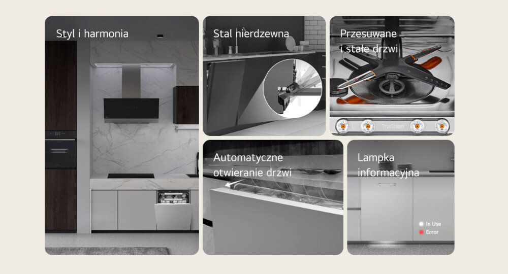 Obraz przedstawia cztery zdjęcia z opisami: \'Styl i harmonia\', \'Stal nierdzewna\', \'Przesuwane i stałe drzwi\', \'Automatyczne otwieranie drzwi\', oraz \'Lampka informacyjna\'. Na zdjęciach widać elementy kuchni i sprzętu AGD, w tym zmywarkę i piekarnik.