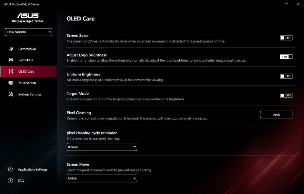 Interfejs ASUS DisplayWidget Center z zakładką \'OLED Care\' zawierającą opcje takie jak Screen Saver, Adjust Logo Brightness, Uniform Brightness, Target Mode, Pixel Cleaning oraz ustawienia przypomnienia o czyszczeniu pikseli. Widoczne są przełączniki ON/OFF oraz przycisk \'Apply\'.