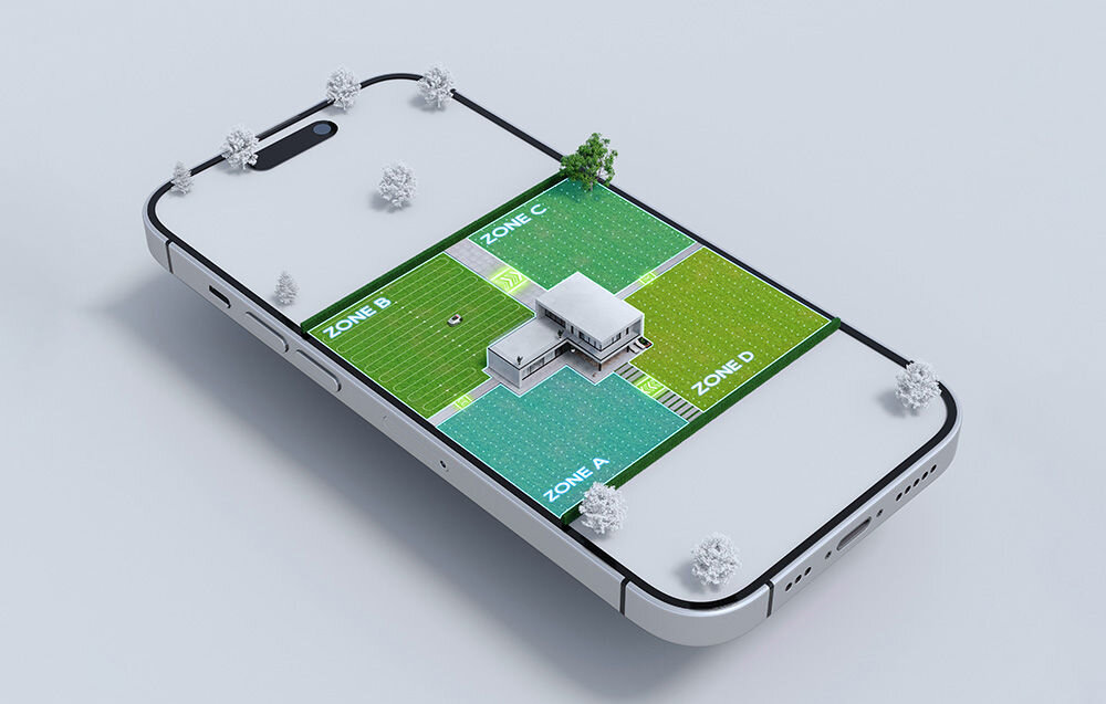 Obraz przedstawia smartfon, na którego ekranie znajduje się miniaturowa makieta domu otoczonego czterema strefami oznaczonymi jako ZONE A, ZONE B, ZONE C i ZONE D. Wokół makiety widoczne są małe drzewa, a każda strefa ma inny odcień zieleni.