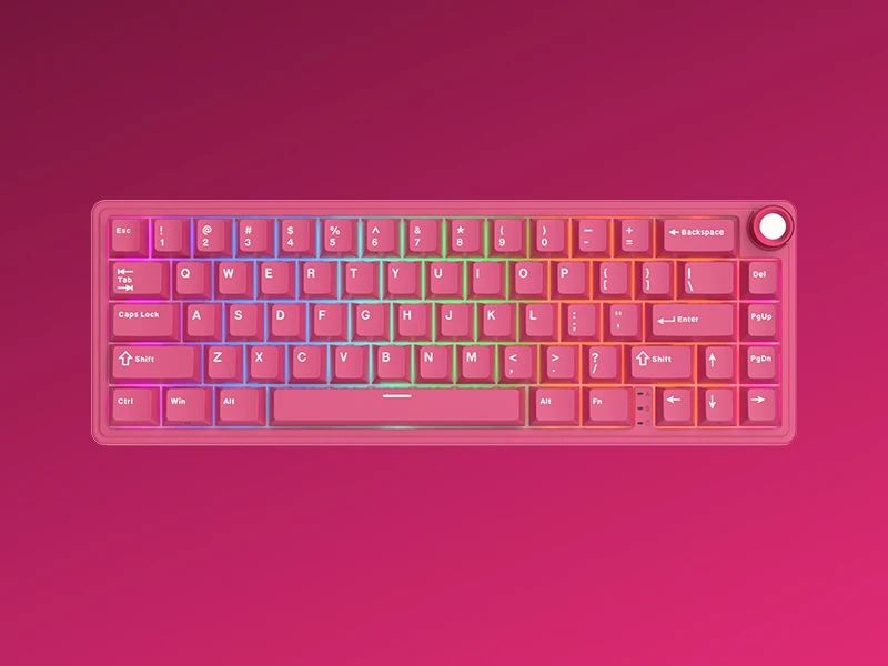 Klawiatura mechaniczna z podświetleniem RGB, widoczna na różowym tle. Klawisze mają oznaczenia literowe i symboliczne, a w prawym górnym rogu znajduje się pokrętło.