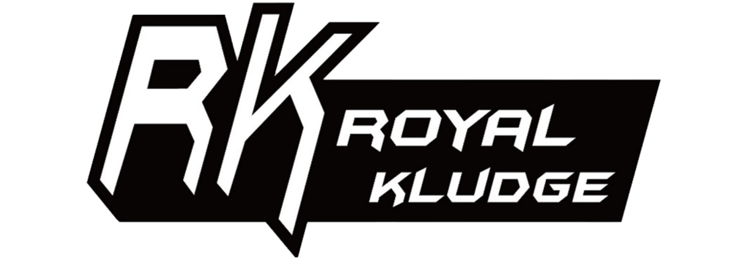 Logo z białymi literami \'RK ROYAL KLUDGE\' na czarnym tle.