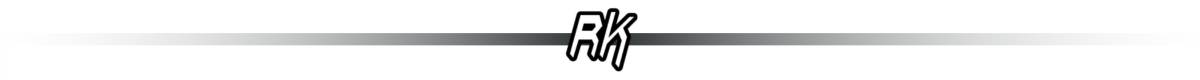 Czarna linia z gradientem przechodzącym w biel po obu stronach, z logo \'RK\' na środku.