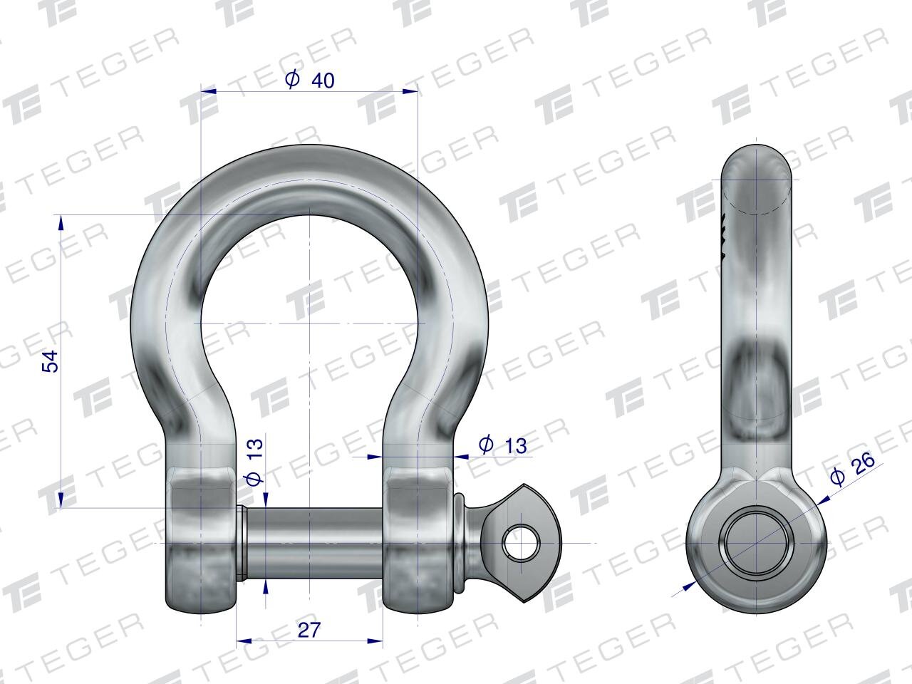 Obraz przedstawia techniczny rysunek szekli omega z wymiarami: 54 mm wysokości, 40 mm szerokości, 13 mm średnicy otworu i 26 mm średnicy trzpienia. Na tle widoczne jest logo \'TEGER\'.