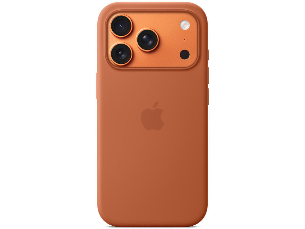 Etui w kolorze terakoty z trzema otworami na aparaty i logo jabłka na środku. Wykonane z silikonu, przeznaczone do iPhone 17 Pro.