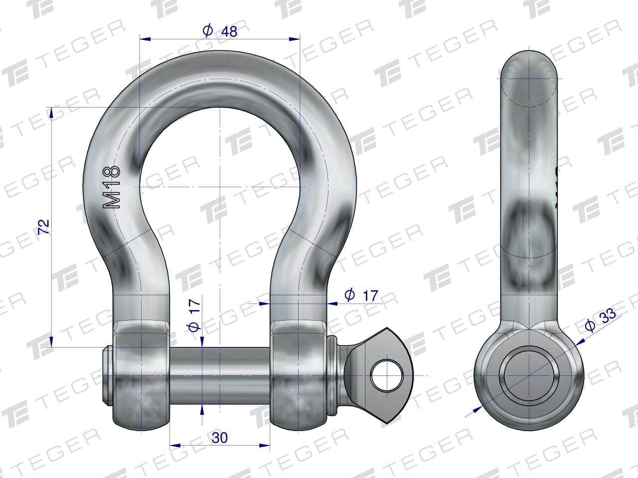 Rysunek techniczny przedstawia szeklę omega z oznaczeniem M18, z wymiarami: wysokość 72 mm, szerokość 48 mm, średnica otworu 17 mm i szerokość podstawy 30 mm. Na tle widoczne jest logo TEGER.