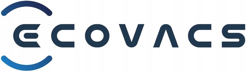 Logo z napisem \'ECOVACS\' w ciemnoniebieskim kolorze, z ozdobnym elementem przypominającym półokrąg po lewej stronie.